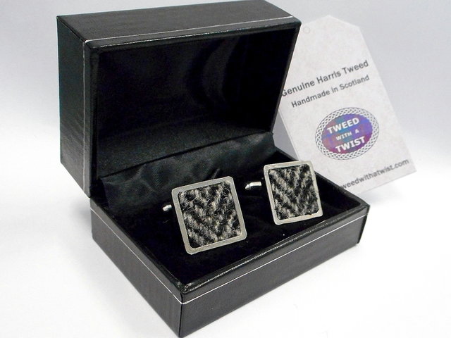 Harris-tweed-cufflinks-grey-black-herringbone-gift-for-men