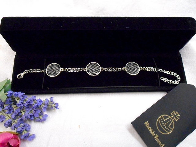 Grey Black Herringbone Harris Tweed celtic bracelet made in Scotland  ,womens or bridesmaid jewellery,  mothers day  Christmas or birthday gift