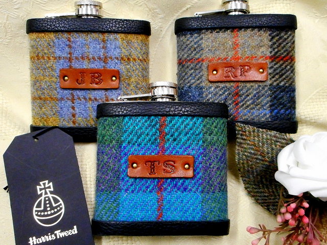 Groomsmans-gifts-set-of-three-harris-tweed-monogrammed-flasks