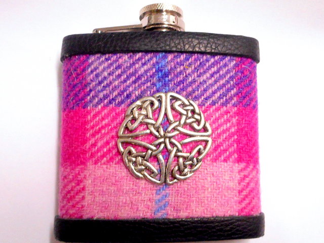 Hip flask in purple and pink Harris Tweed with Celtic knot, Ladies Day at the races, or gift for  christmas , birthday , Valentine's day or  7th anniversary  made in Scotland