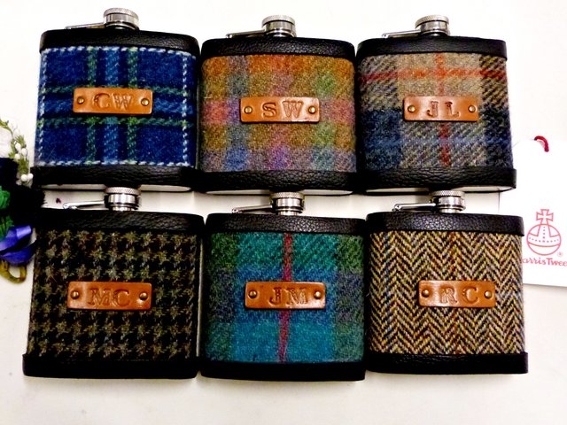 Harris Tweed  Hip Flasks  with initials embossed on black or brown leather labels for Best Man,  Father of Bride or groomsmen, Scottish luxury gift sets of 3-6