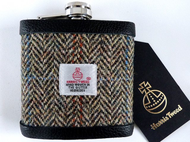 Harris-tweed-hip-flask-brown-herringbone-groomsman-best-man-gift-wedding