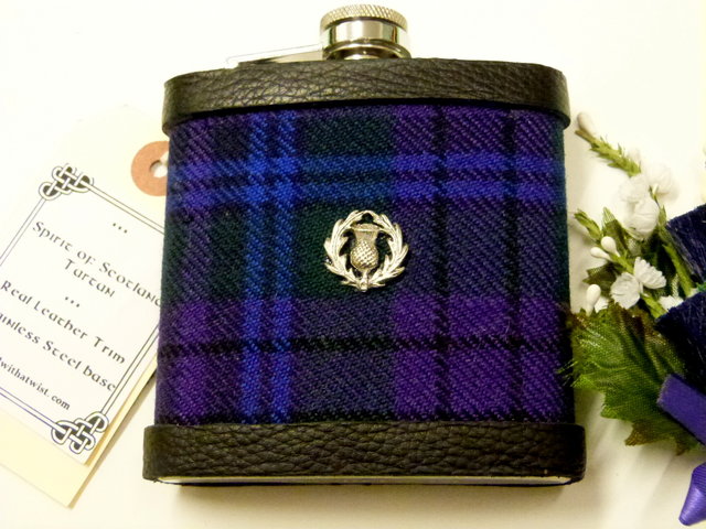 Spirit of Scotland Tartan hip flask with Scottish Thistle initials name tag etc.