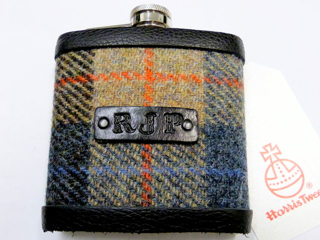 Harris Tweed Hip flask with black leather tag hand embossed initialsin a choice of 30 different  colours unique personalised gift for Christmas, birthday, Best Man