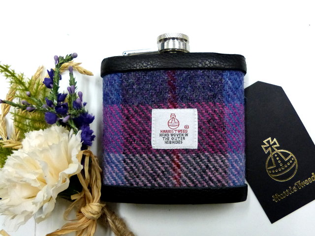 Harris-tweed-hip-flask-purple-red-pink-blue-tweed-with-a-twist