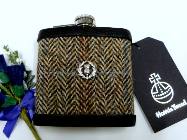 Autumn Harvest Harris Tweed hip flask with Scottish thistle