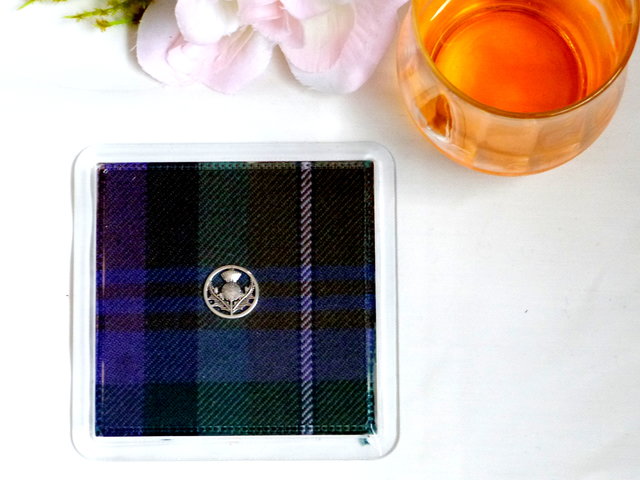 Isle of Skye tartan drinks coasters with thistle, wipe clean easy care and durable