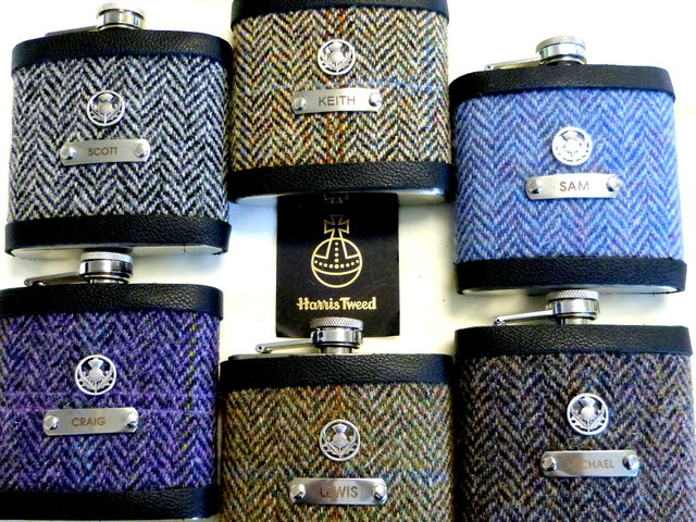 Harris Tweed Hip Flasks traditional Herringbone custom engraved name and thistle Best Man Father of Bride or groomsmen gifts in sets of 3-6