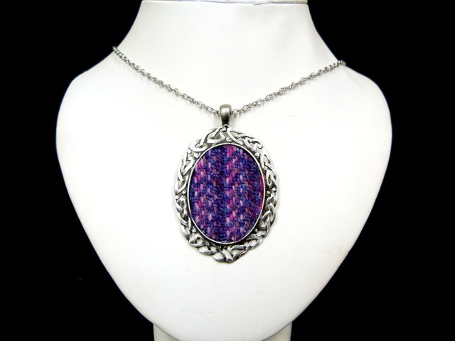 Large Harris Tweed celtic necklace in hand cast pewter setting, Scottish pendant  , womens jewellery in choice of colours,  Christmas or birthday gift