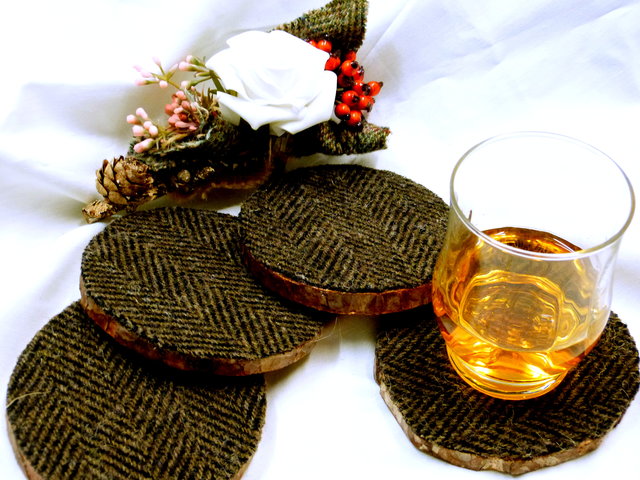 Harris Tweed - log slice- coasters -brown herringbone
