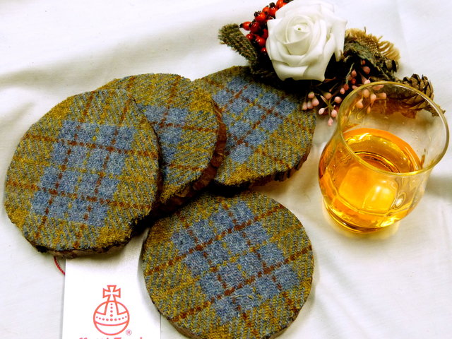 Log slice coasters with Harris Tweed in Blue, mustard yellow and russet plaid, ideal gift handmade in Scotland