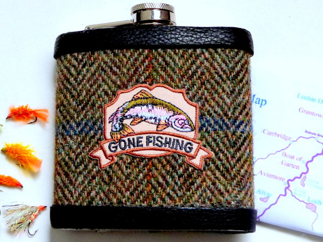 gone fishing-flask-harris tweed-fishermans gift-gift for him-mens gift