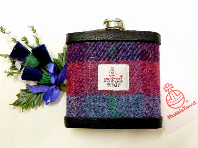 Harris-tweed-hip-flask-purple-red-and-blue-boxed-gift-for-men