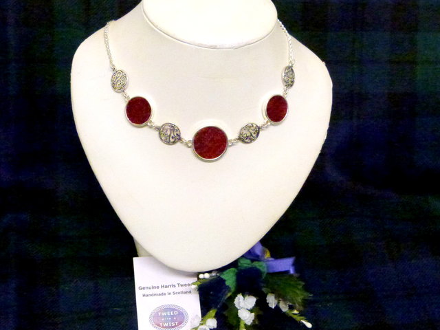 Red necklace Harris Tweed  with celtic infinity knots made in Scotland , Christmas or birthday gift womens or bridesmaid jewellery