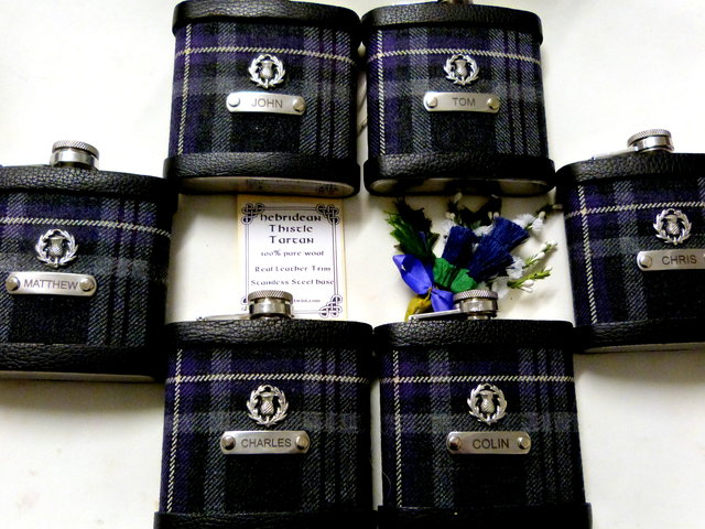 Wedding kilt tartan flasks with Thistle and individual engraving custom engraving in sets of 3-6