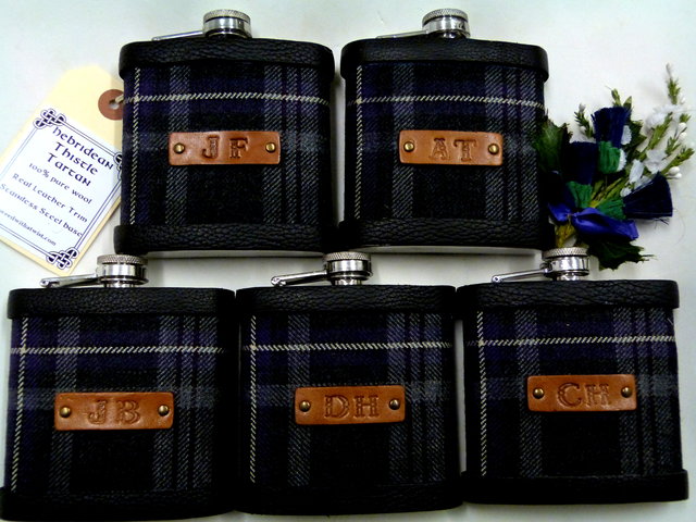 Your Wedding kilt tartan Hip Flasks  with initials embossed on leather labels for Best Man,  Father of Bride or groomsmen, Scottish luxury gift sets of 3-6