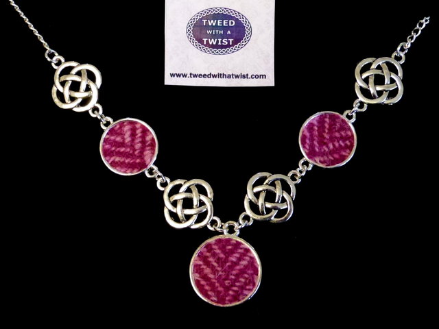 Pink Herringbone Harris Tweed necklace with celtic infinity knots made in Scotland , womans Christmas or birthday gift  or bridesmaid jewellery